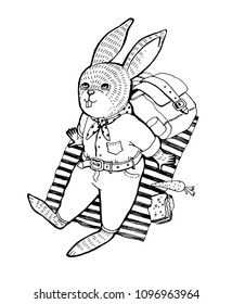 Vector illustration for coloring book. Humanized animal. The rabbit in a shirt and jeans lies on cover outdoors and looks up.