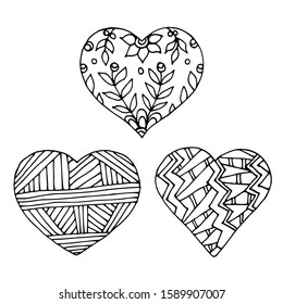 Vector illustration coloring book isolated on white background. Set of three hearts. Doodle style.