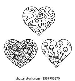 Vector illustration coloring book isolated on white background. Set of three hearts. Doodle style.