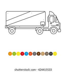 Vector illustration of coloring book for kids, truck, transportation, child magazine, children's lessons, drawing, smart kid, line, pattern, white background, coloring by numbers