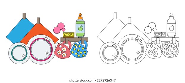 Vector illustration coloring book of a kitchen corner with clean dishes. An outline black and white drawing and a color version for an example