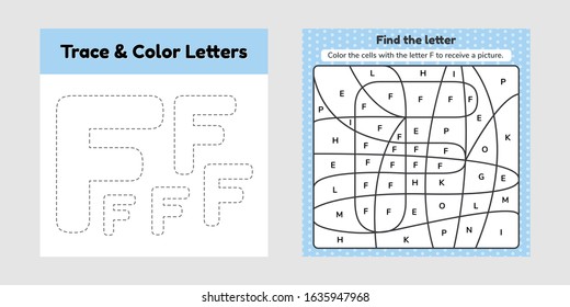 Vector illustration. Coloring book letter for kids. Worksheet for preschool, kindergarten and school age. Trace line. Write and color f. 