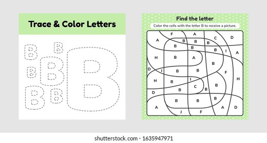 Vector illustration. Coloring book letter for kids. Worksheet for preschool, kindergarten and school age. Trace line. Write and color b. 