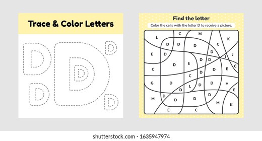 Vector illustration. Coloring book letter for kids. Worksheet for preschool, kindergarten and school age. Trace line. Write and color d. 