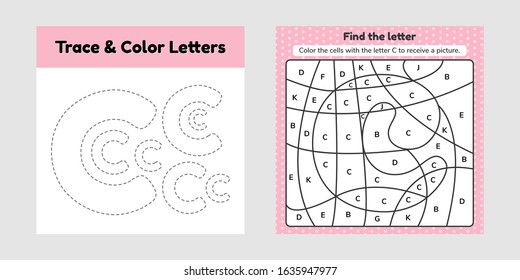Vector illustration. Coloring book letter for kids. Worksheet for preschool, kindergarten and school age. Trace line. Write and color c. 
