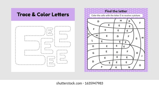 Vector illustration. Coloring book letter for kids. Worksheet for preschool, kindergarten and school age. Trace line. Write and color e. 