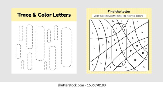 Vector illustration. Coloring book letter for kids. Worksheet for preschool, kindergarten and school age. Trace line. Write and color i. 
