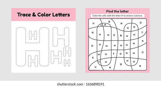 Vector illustration. Coloring book letter for kids. Worksheet for preschool, kindergarten and school age. Trace line. Write and color h. 