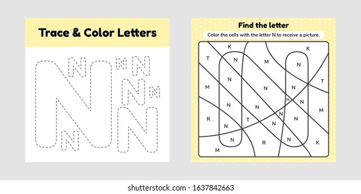 Vector illustration. Coloring book letter for kids. Worksheet for preschool, kindergarten and school age. Trace line. Write and color n. 