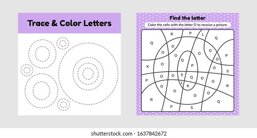 Vector illustration. Coloring book letter for kids. Worksheet for preschool, kindergarten and school age. Trace line. Write and color o. 