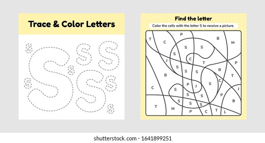 Vector illustration. Coloring book letter for kids. Worksheet for preschool, kindergarten and school age. Trace line. Write and color s. 