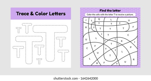 Vector illustration. Coloring book letter for kids. Worksheet for preschool, kindergarten and school age. Trace line. Write and color t. 