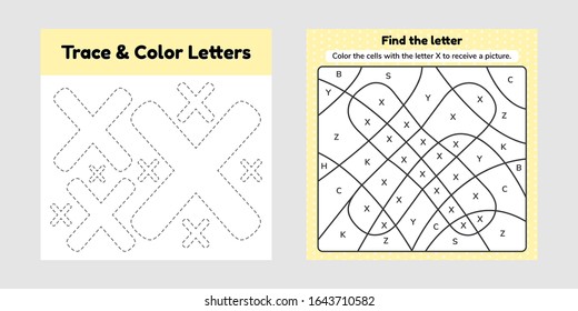 Vector illustration. Coloring book letter for kids. Worksheet for preschool, kindergarten and school age. Trace line. Write and color x. 