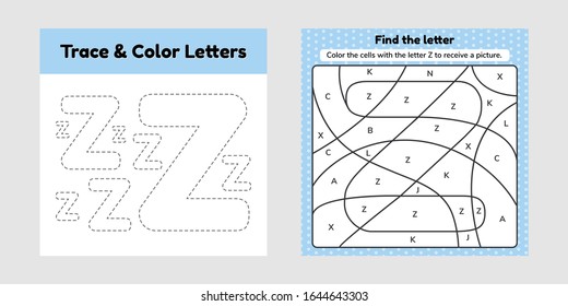 Vector illustration. Coloring book letter for kids. Worksheet for preschool, kindergarten and school age. Trace line. Write and color z. 