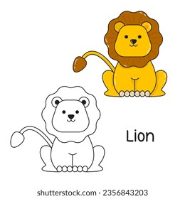 Vector illustration. Coloring book , Coloring lion. Cartoon animal. Clipart set for nursery poster, Practice skills