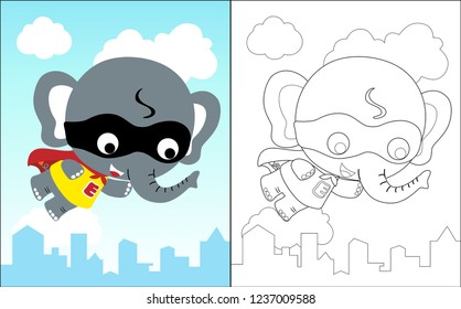 Vector illustration of coloring book with little elephant cartoon in superhero costume fly above buildings