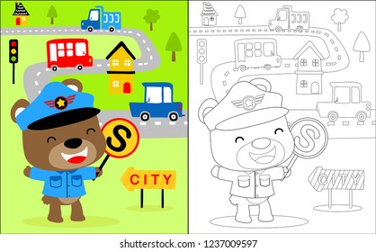 Vector illustration of coloring book with little bear in police costume on little town background