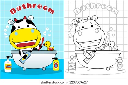 Vector illustration of coloring book with little cow cartoon in the bathroom