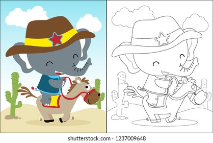 Vector illustration of coloring book with little elephant cartoon in cowboy costume riding a horse