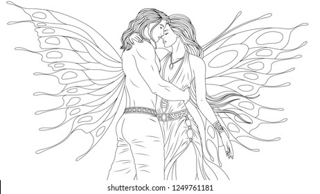 Vector illustration of coloring book, man and woman fairies kiss, love each other.