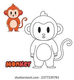 Vector illustration. Coloring book , Coloring monkey. Cartoon animal. Clipart set for nursery poster, Practice skills
