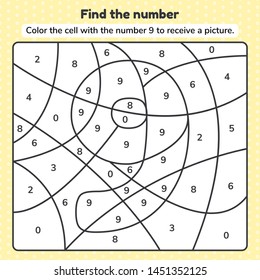 Vector illustration. Coloring book number for kids.  Worksheet for preschool, kindergarten and school age.