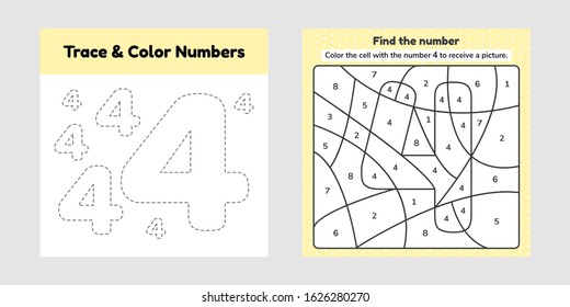 Vector illustration. Coloring book number for kids.  Worksheet for preschool, kindergarten and school age. Trace line. Write and color a four. 