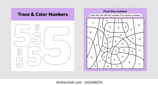 Vector illustration. Coloring book number for kids.  Worksheet for preschool, kindergarten and school age. Trace line. Write and color a five. 