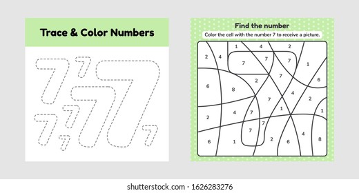 Vector illustration. Coloring book number for kids.  Worksheet for preschool, kindergarten and school age. Trace line. Write and color a seven.