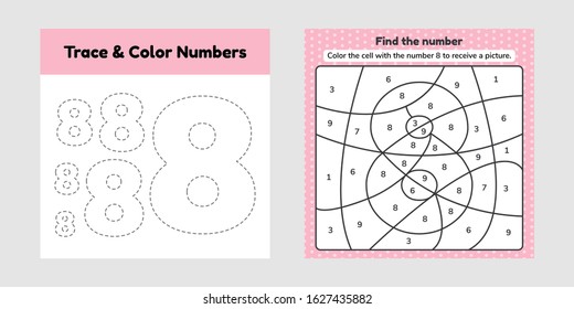 Vector illustration. Coloring book number for kids.  Worksheet for preschool, kindergarten and school age. Trace line. Write and color a eight. 