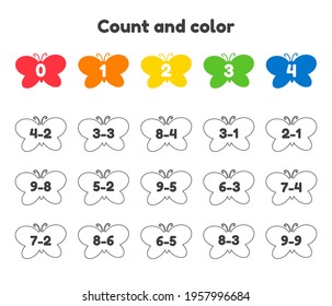 Vector illustration. Coloring book number for kids. Worksheet for preschool, kindergarten and school age. Subtraction. Count and color. Butterflies.