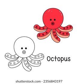 Ilustración vectorial. Libro de Colores, pulpo de Colores. Animales de caricatura. Clipart set para el afiche de la guardería, habilidades de práctica