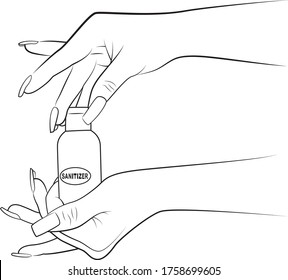 Vector Illustration Coloring Book Page  Woman Hands Holding Sanitizer Isolated Elements White Background