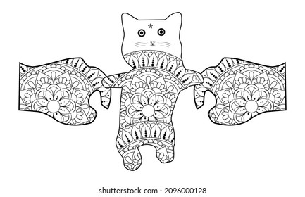 Vector Illustration Coloring Book Page Line Art Beautiful Woman Holding Cat Outline White Background