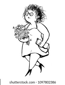 Vector illustration for coloring book. Pen illustration isolated on white background. The plump curled girl with glasses and bouquet of flowers is walking in summer dress 