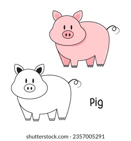 Vector illustration. Coloring book , Coloring Pig. Cartoon animal. Clipart set for nursery poster, Practice skills