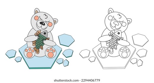 Vector illustration coloring book a polar bear cub with a fish on an ice floe. An outline black and white drawing and a color version for an example.