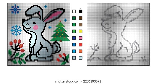 ilustraciones vectoriales libro de colorear y puzzle, arte de píxeles, en el fondo del árbol de Navidad, un conejo observa copos de nieve en invierno, desarrolla conteo y concentración independientes, terapia, relajación