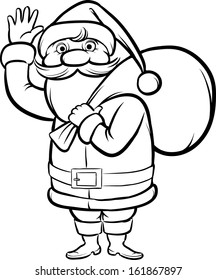 Vector illustration of Coloring Book Santa Claus waving with sack of gifts. Easy-edit layered vector EPS10 file scalable to any size without quality loss. 