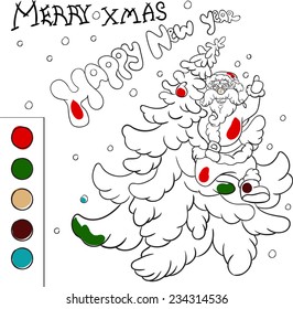 Vector illustration of Coloring Book Santa Claus with Christmas tree. Easy-edit layered vector
