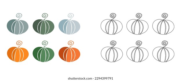 Vector illustration coloring book - set of colored stylized pumpkins. An outline black and white drawing and a color version for an example
