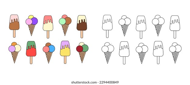 vector illustration coloring book - set of different flavors ice cream popsicle and cone. An outline black and white drawing and a color version for an example