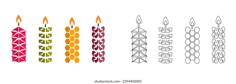 vector illustration coloring book - set of colored stylized candles. An outline black and white drawing and a color version for an example