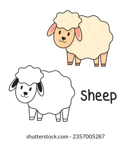 Vector illustration. Coloring book , Coloring Sheep. Cartoon animal. Clipart set for nursery poster, Practice skills