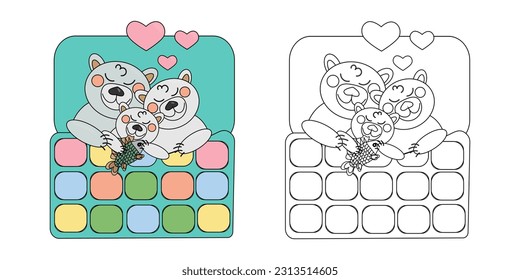 vector illustration coloring book sleeping family of polar cartoon bears under a patchwork quilt blanket in bed. An outline black and white drawing and a color version for an example.