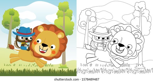 Vector illustration, coloring book of squirrel in cowboy costume riding lion on nature background