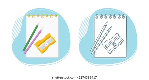 Vektorgrafik-Farbbuch Stationery-Artikel für die Schule. Waren für die Ausbildung. Zurück zur Schule. Sketchbook Pencil Sharpener Bildung Hintergrund Kanzleramt Zugänge zum Zeichnen