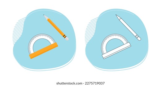 Ilustración vectorial Libro Colorante Artículos de estacionería para la escuela. Mercancías para entrenamiento. De vuelta a la escuela. Antecedentes de la educación del protractor de lápiz Oficina de la Cancillería Dibujo de gráficos de ingeniería Diseño