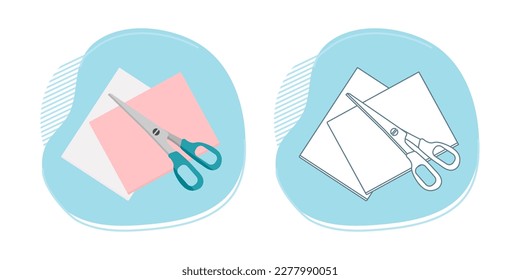 Vector illustration Coloring book Stationery items for school. Goods for training. Back to school. Scissors Eraser Education background Chancellery Office Cut crafts Paper cutting