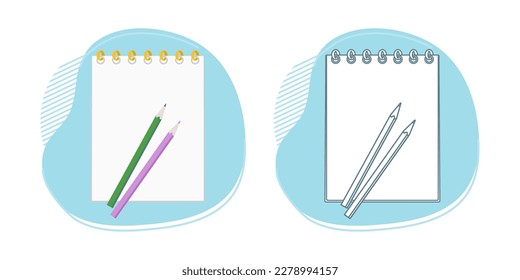 Vector illustration Coloring book Stationery items for school. Goods for training. Back to school. Sketchbook Notebook Pencil Education background Chancellery Office Draw Accessories for drawing